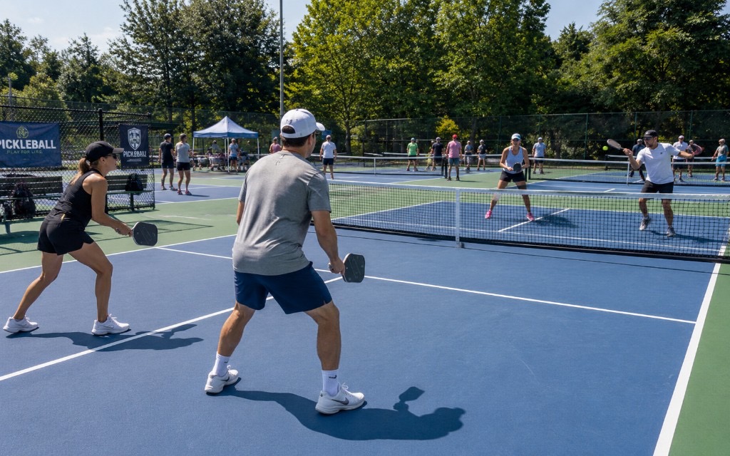 Busy pickleball session on the fenced courts at Albion Gardens Park, Etobicoke