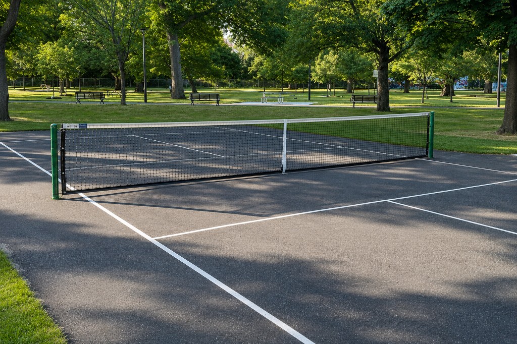 Permanent pickleball net on asphalt at Alexandra Park with green posts and trees in the background, Toronto
