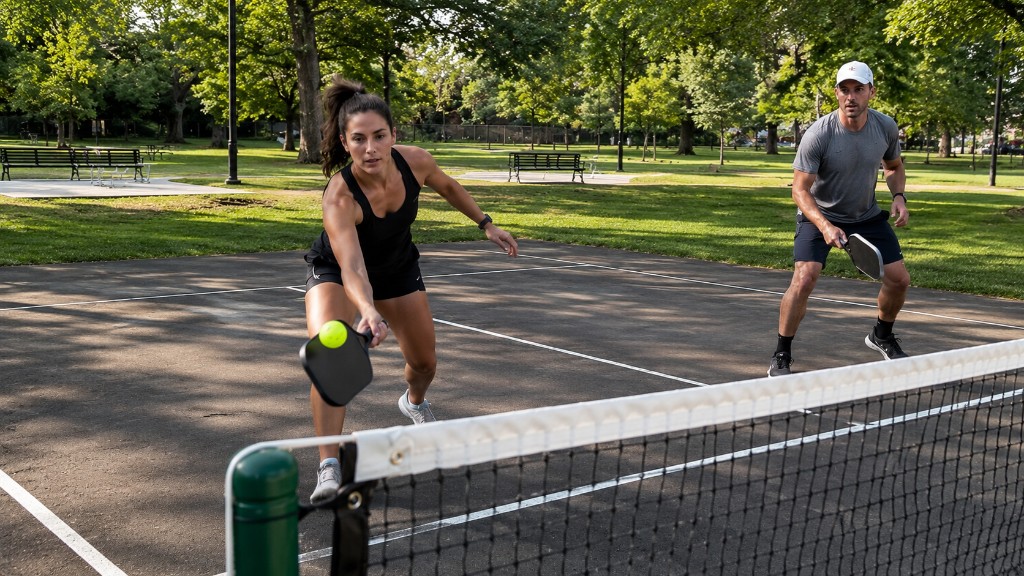 Player lunging at the net during a rally on the Alexandra Park pickleball court, Toronto