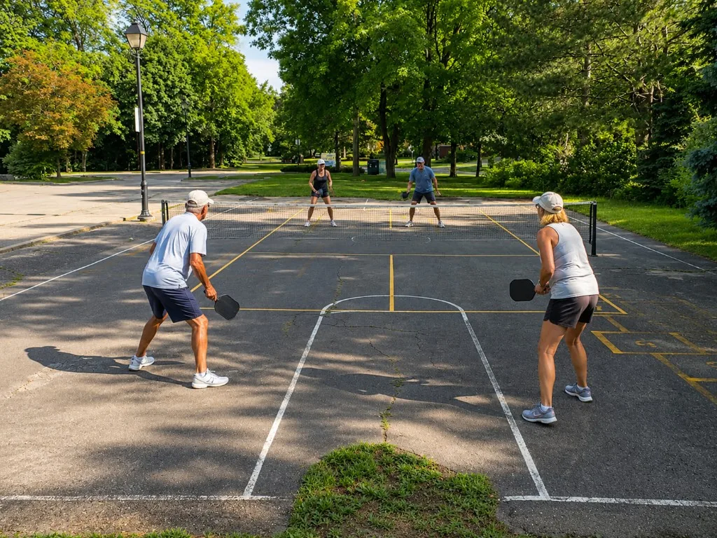 Overview of the yellow-lined pickleball court on asphalt at Banbury Park with permanent net and trees