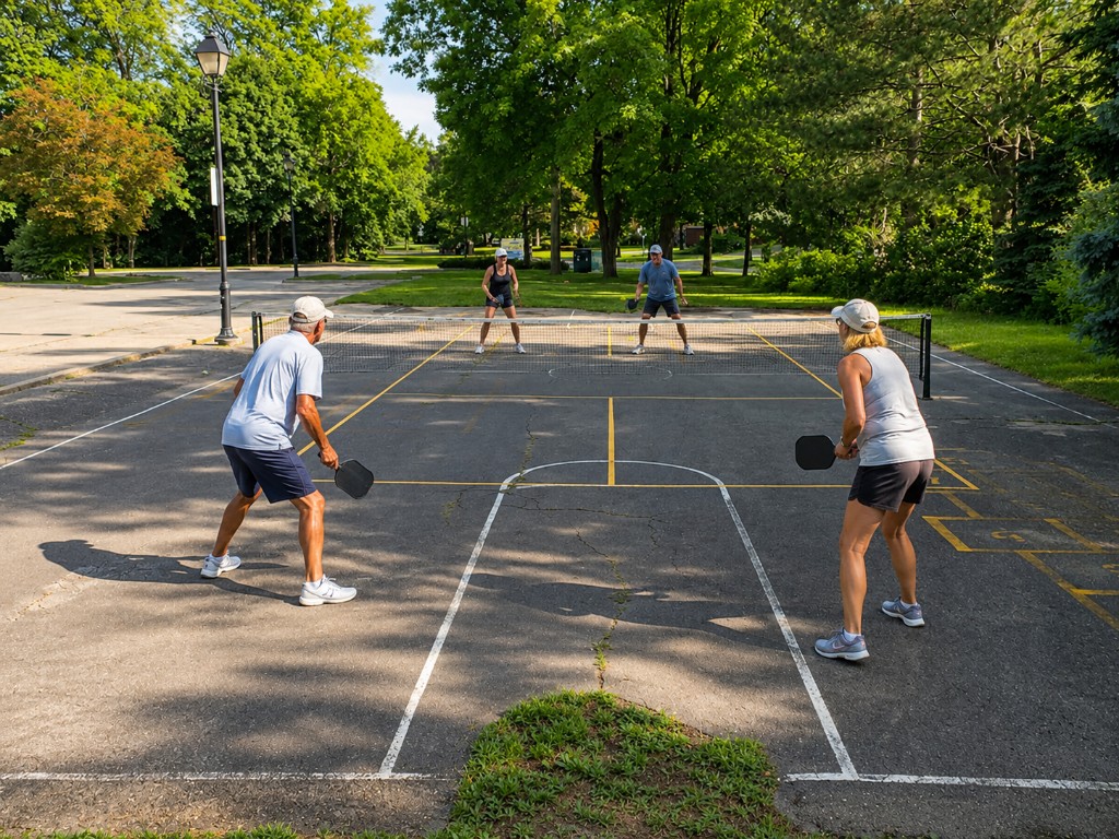Overview of the yellow-lined pickleball court on asphalt at Banbury Park with permanent net and trees