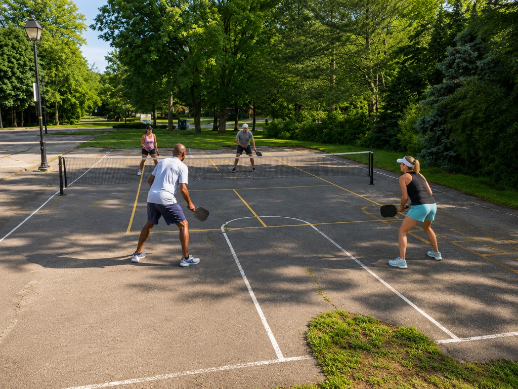 Evening doubles play on the asphalt pickleball court at Banbury Park, North York