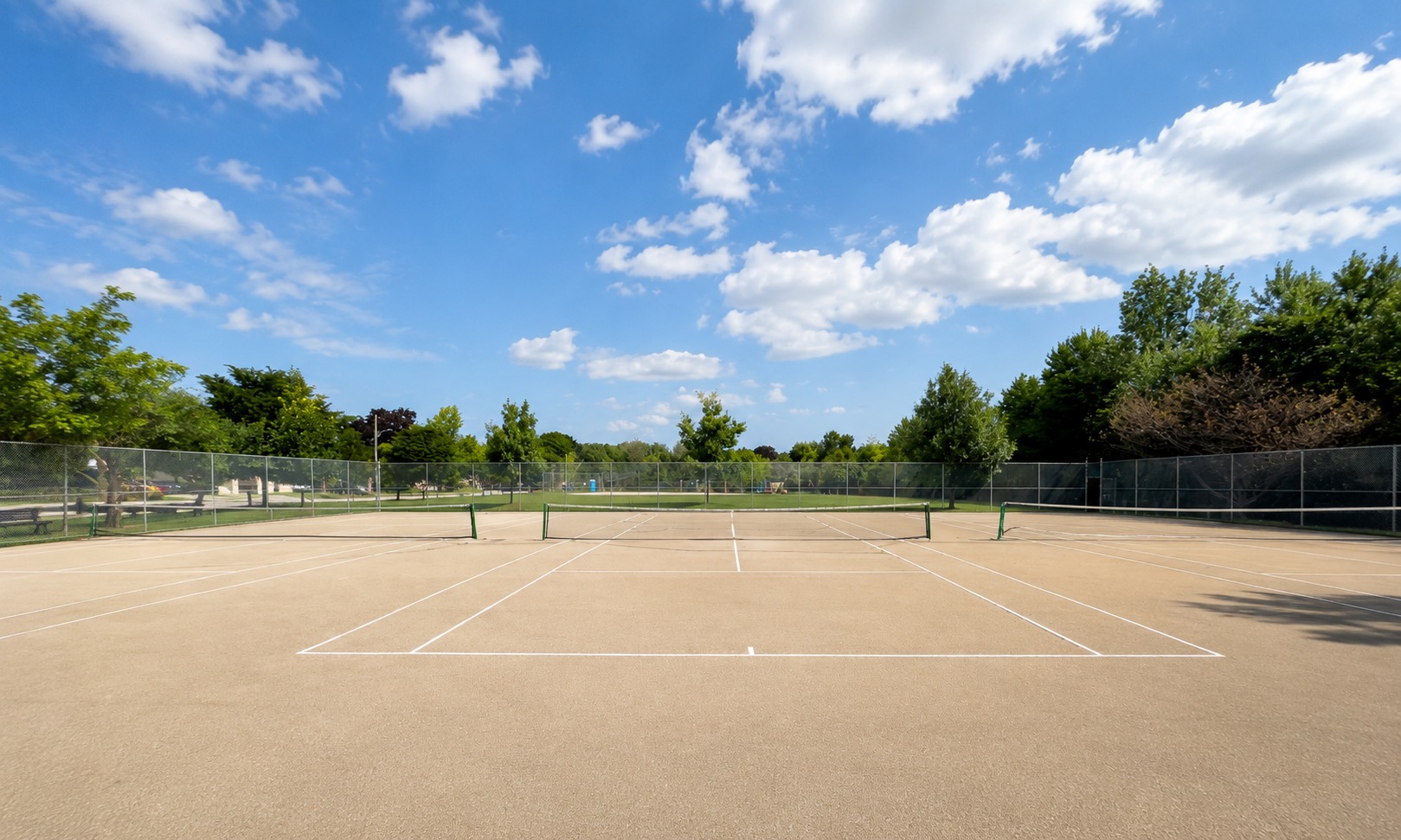 Outdoor pickleball courts at Beaumonde Heights Park — empty court overview, Toronto