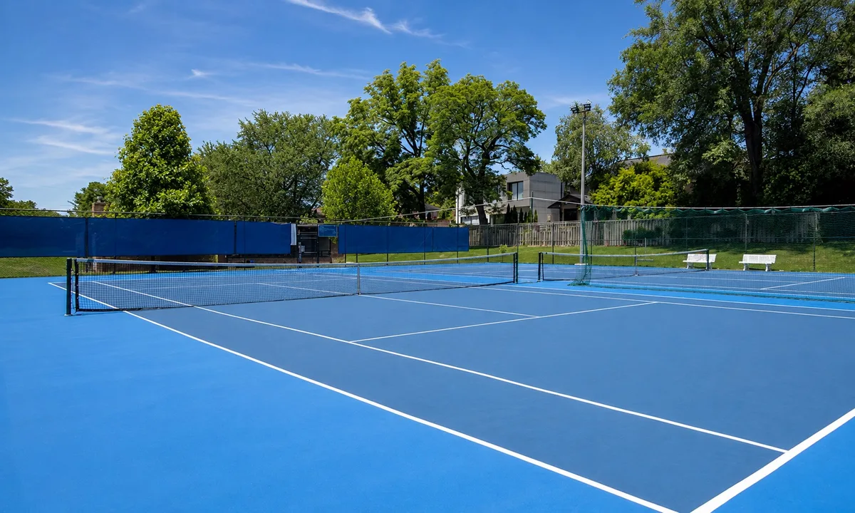 Outdoor pickleball courts at Bennington Heights Park — empty court overview, Toronto