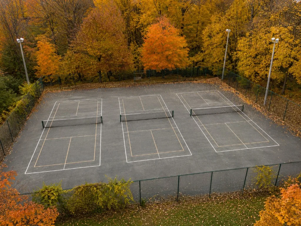 Three lit outdoor hard courts at Bestview Park under a blue sky, fenced and backed by trees
