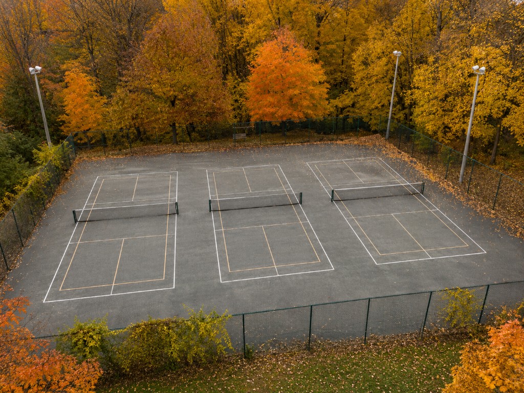 Three lit outdoor hard courts at Bestview Park under a blue sky, fenced and backed by trees