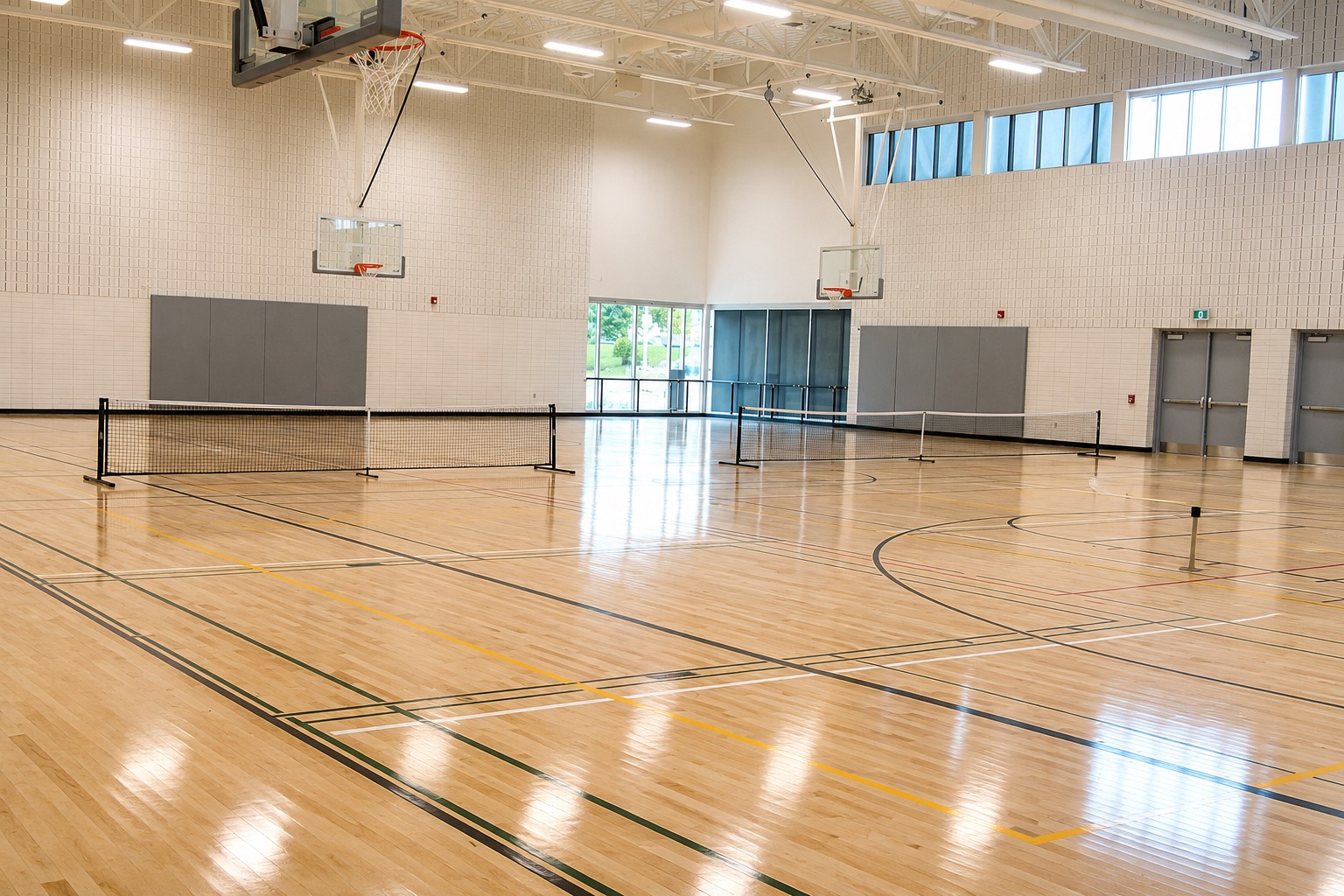 Outdoor pickleball courts at Birchmount Community Centre — empty court overview, Toronto