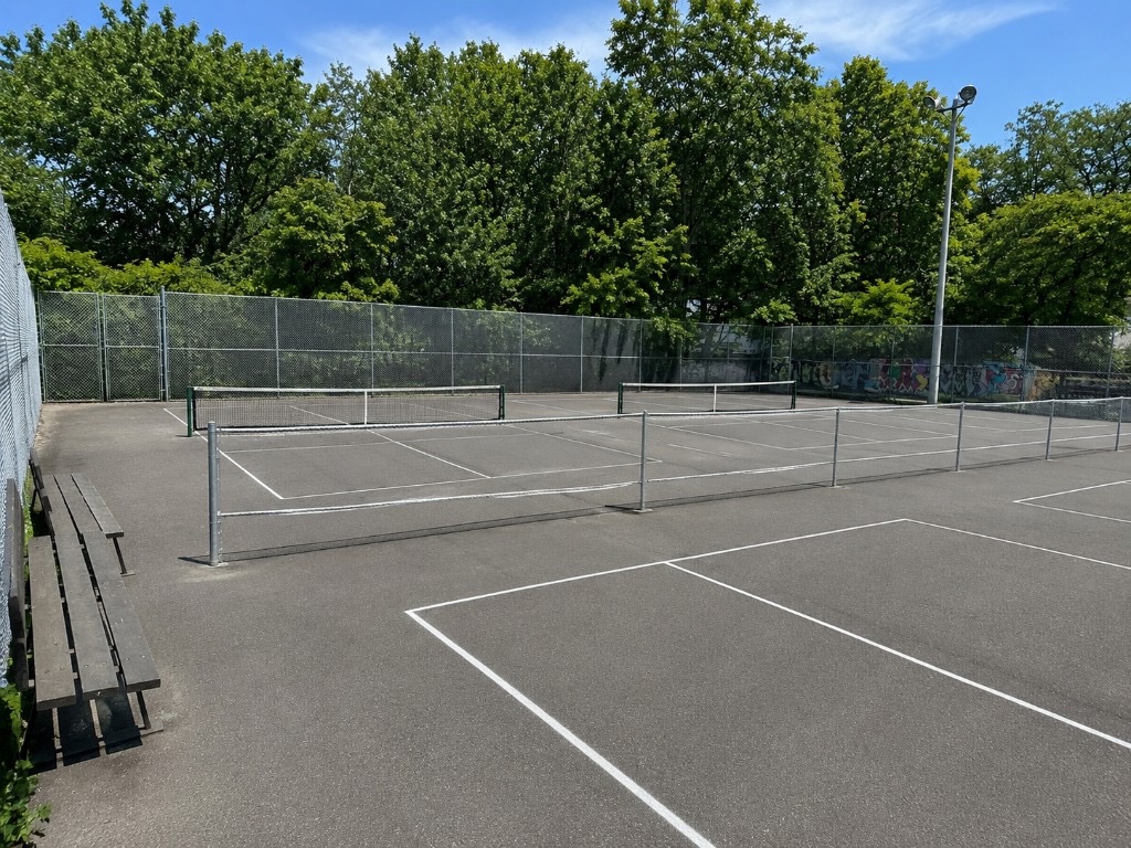 Outdoor pickleball courts at Birchmount Park — empty court overview, Toronto