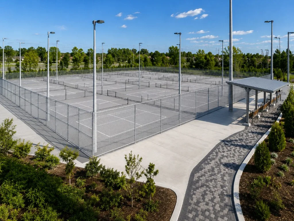 Outdoor pickleball courts at Centennial Park (Etobicoke) — empty court overview, Toronto