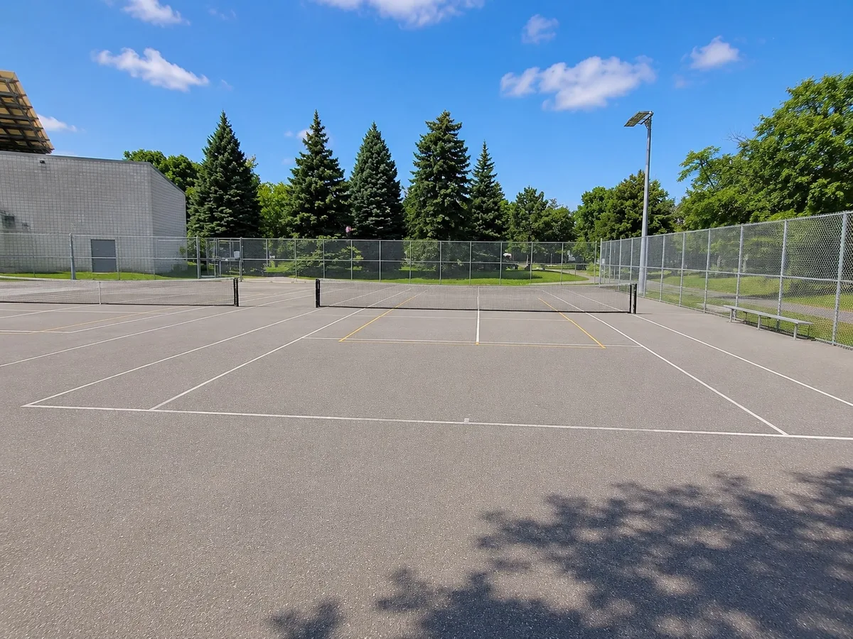 Outdoor pickleball courts at Cummer Park — empty court overview, Toronto