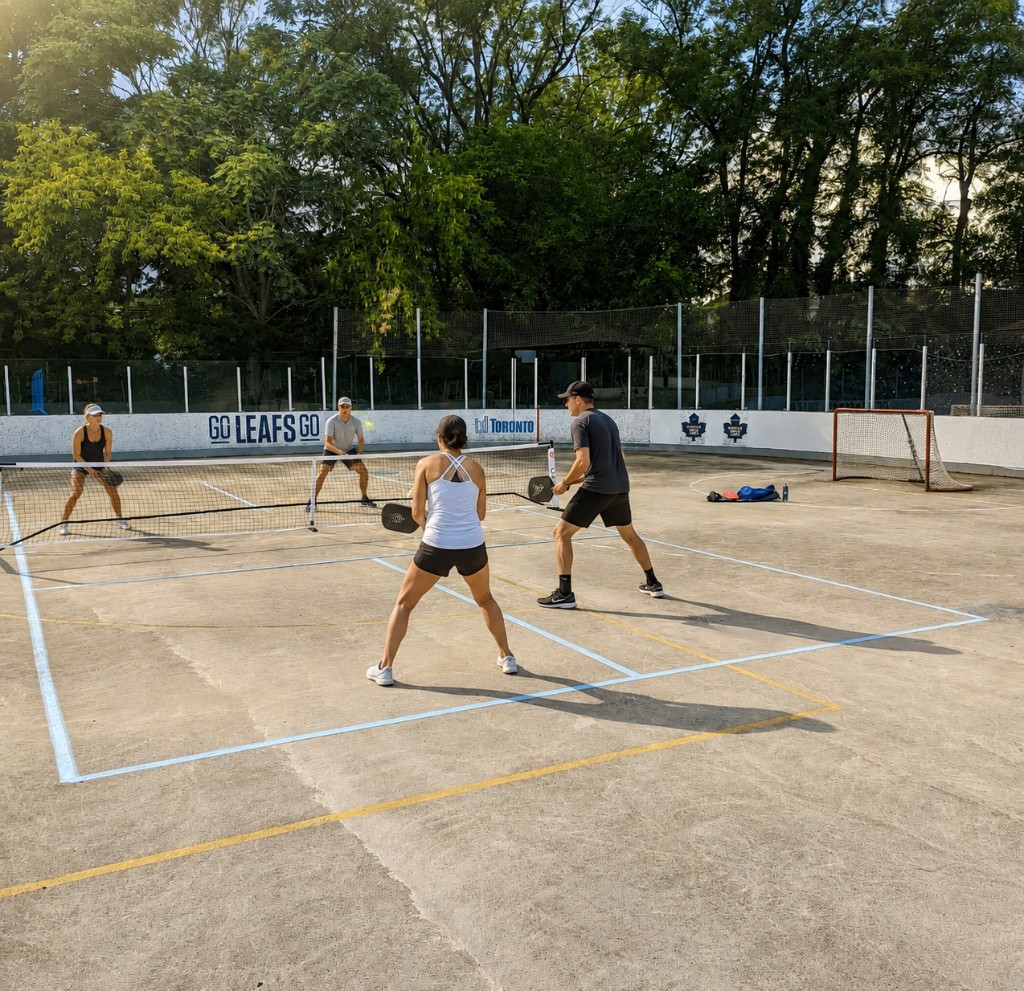 Pickleball on the outdoor rink boards area at Dieppe Park with City of Toronto branding
