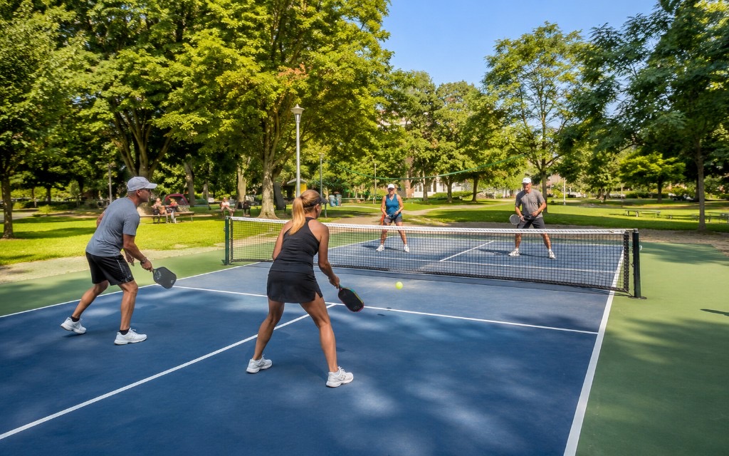 Wide view of doubles play on the lit outdoor pickleball pad at Dufferin Grove Park