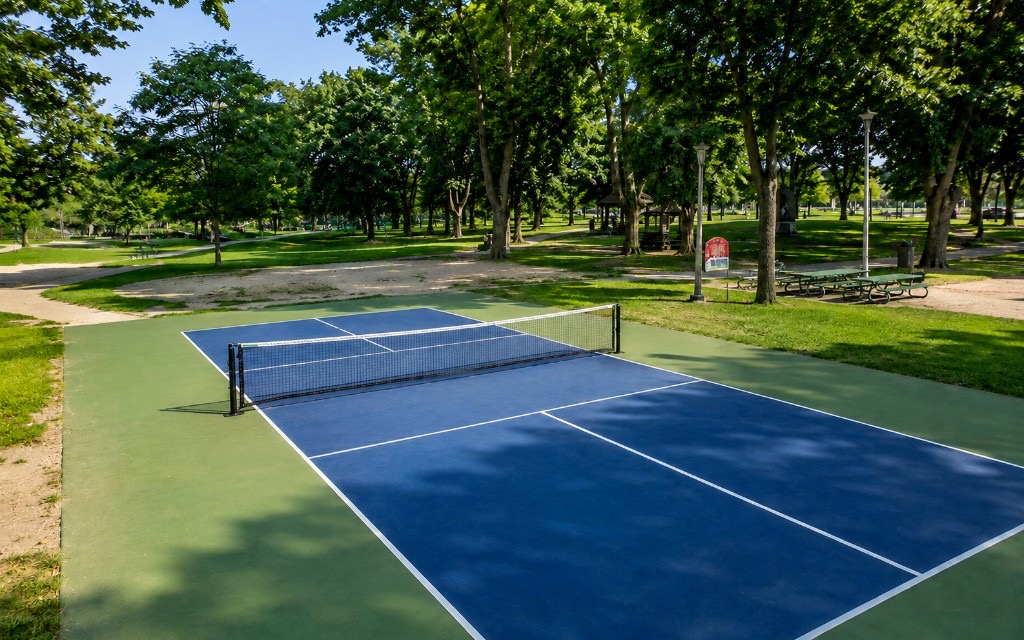 Empty blue and green pickleball courts at Dufferin Grove Park surrounded by mature trees