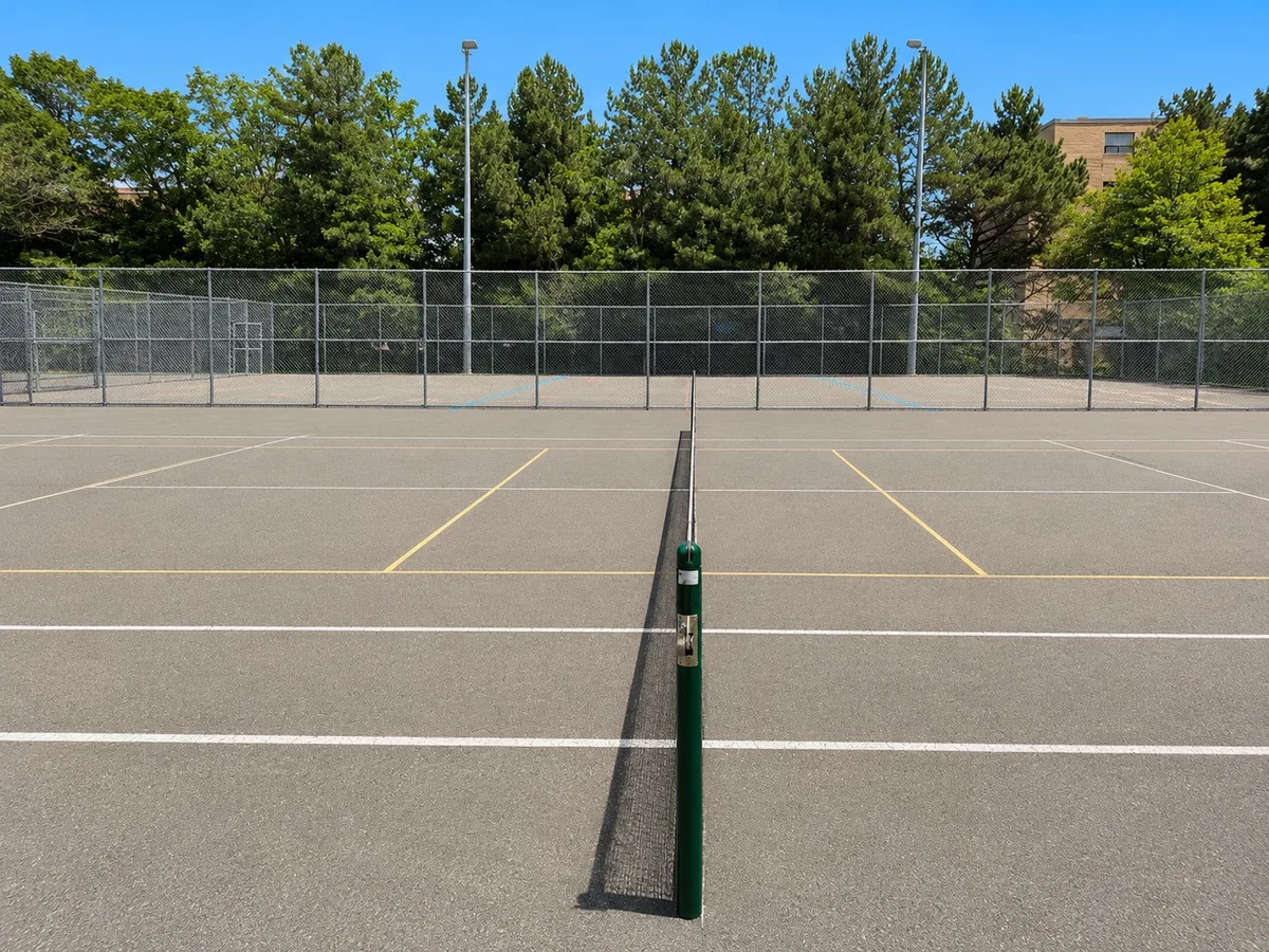 Outdoor pickleball courts at Elie Wiesel Park — empty court overview, Toronto