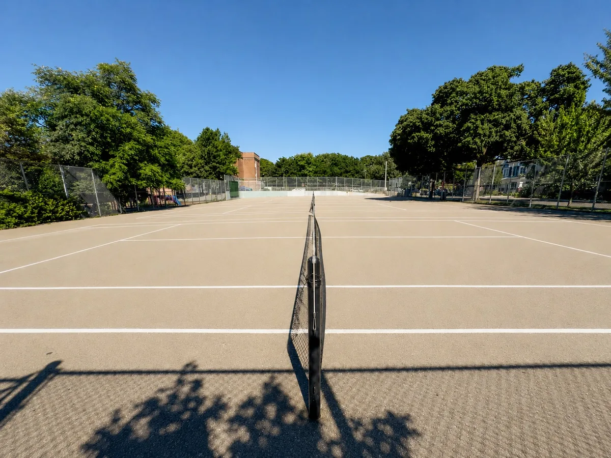 Outdoor pickleball courts at Fairmount Park — empty court overview, Toronto