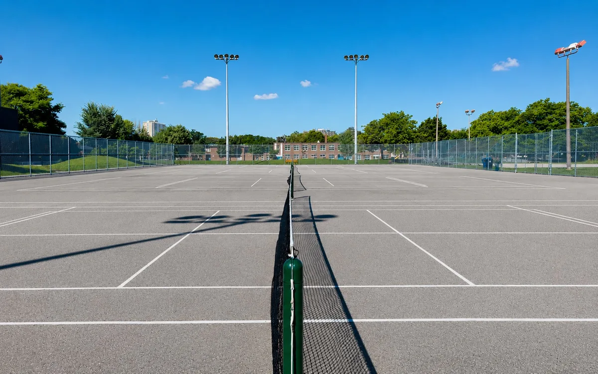 Outdoor pickleball courts at Fenside Park — empty court overview, Toronto