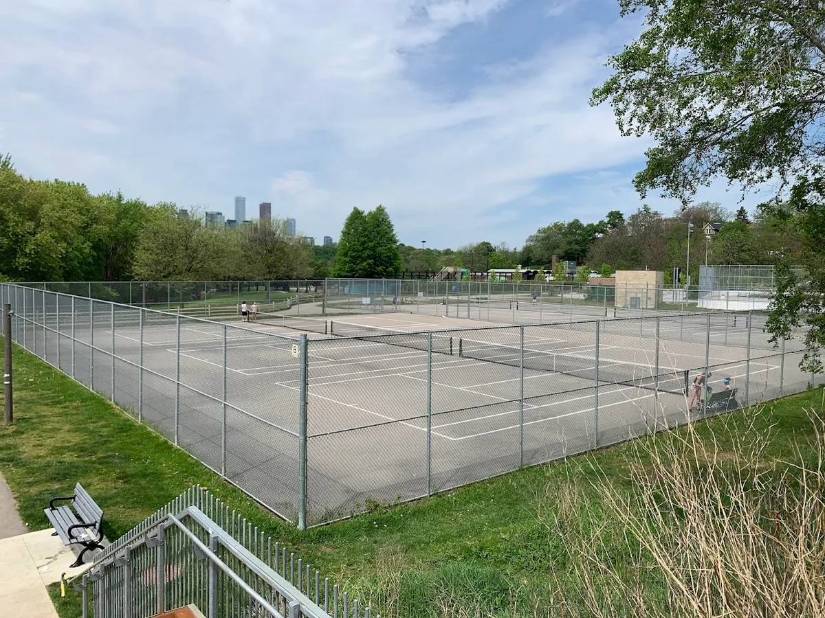 Tennis and multipurpose courts at Riverdale Park East, Toronto, with the downtown skyline behind — photo via Google Maps