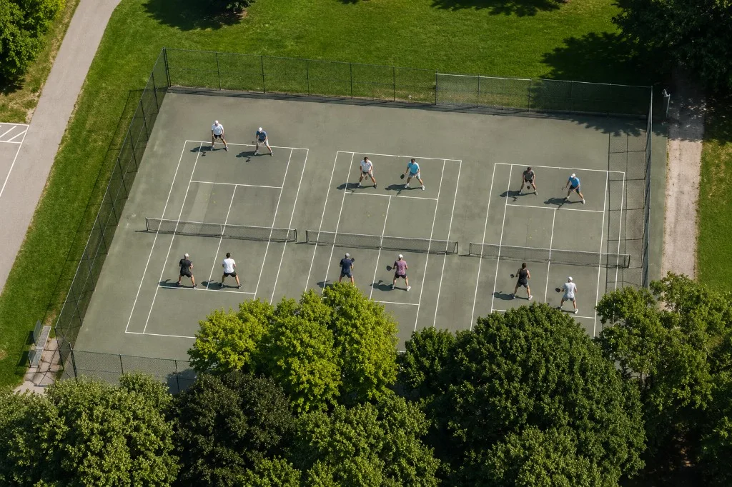 Overhead view of fenced pickleball courts at High Park in a leafy park setting