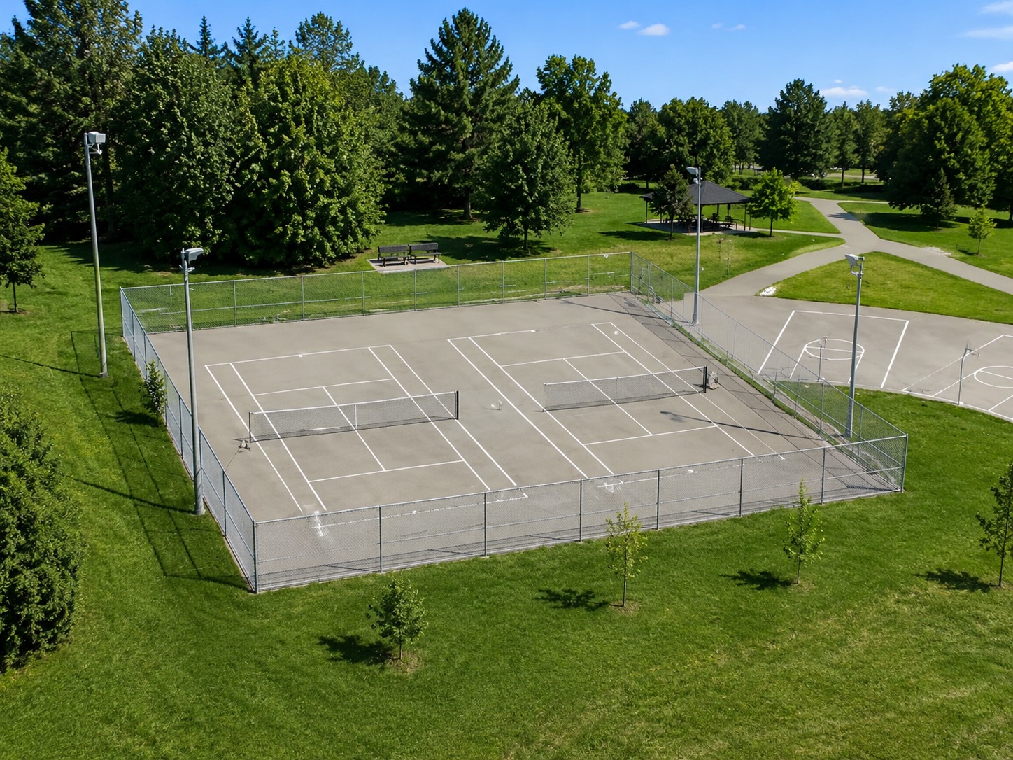 Outdoor pickleball courts at Indian Line Park — empty court overview, Toronto