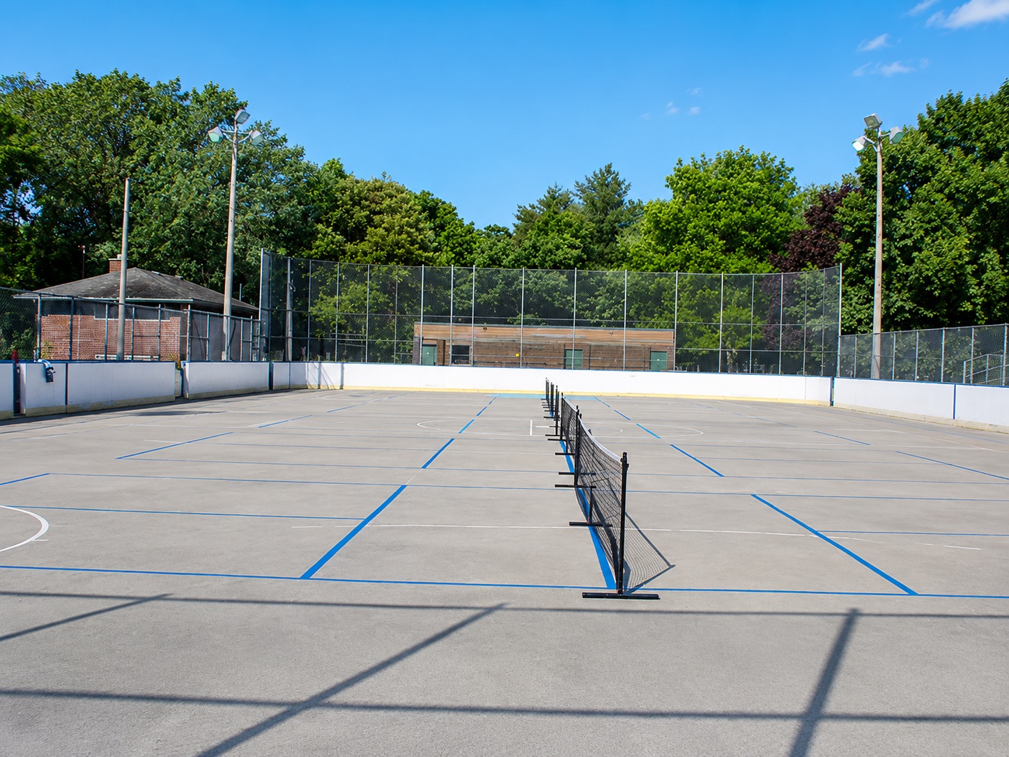 Outdoor pickleball courts at Kew Gardens — empty court overview, Toronto
