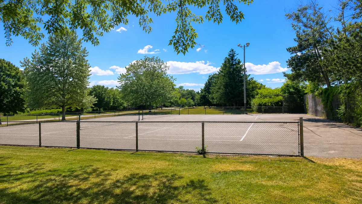 Outdoor pickleball courts at Laburnham Park — empty court overview, Toronto