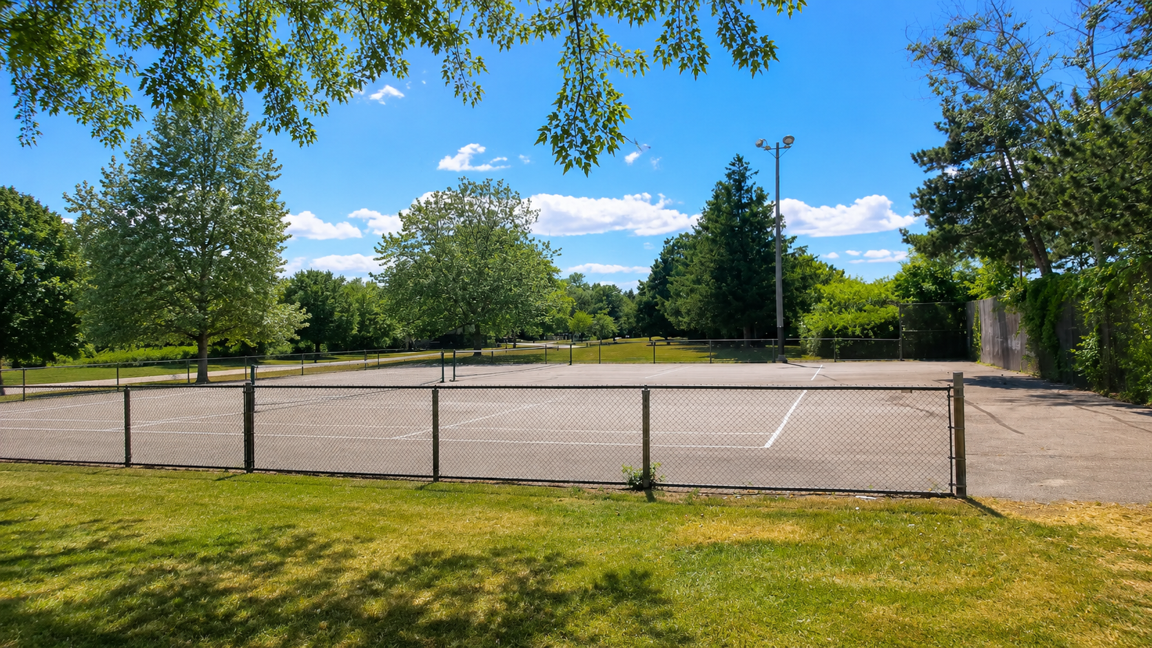 Outdoor pickleball courts at Laburnham Park — empty court overview, Toronto