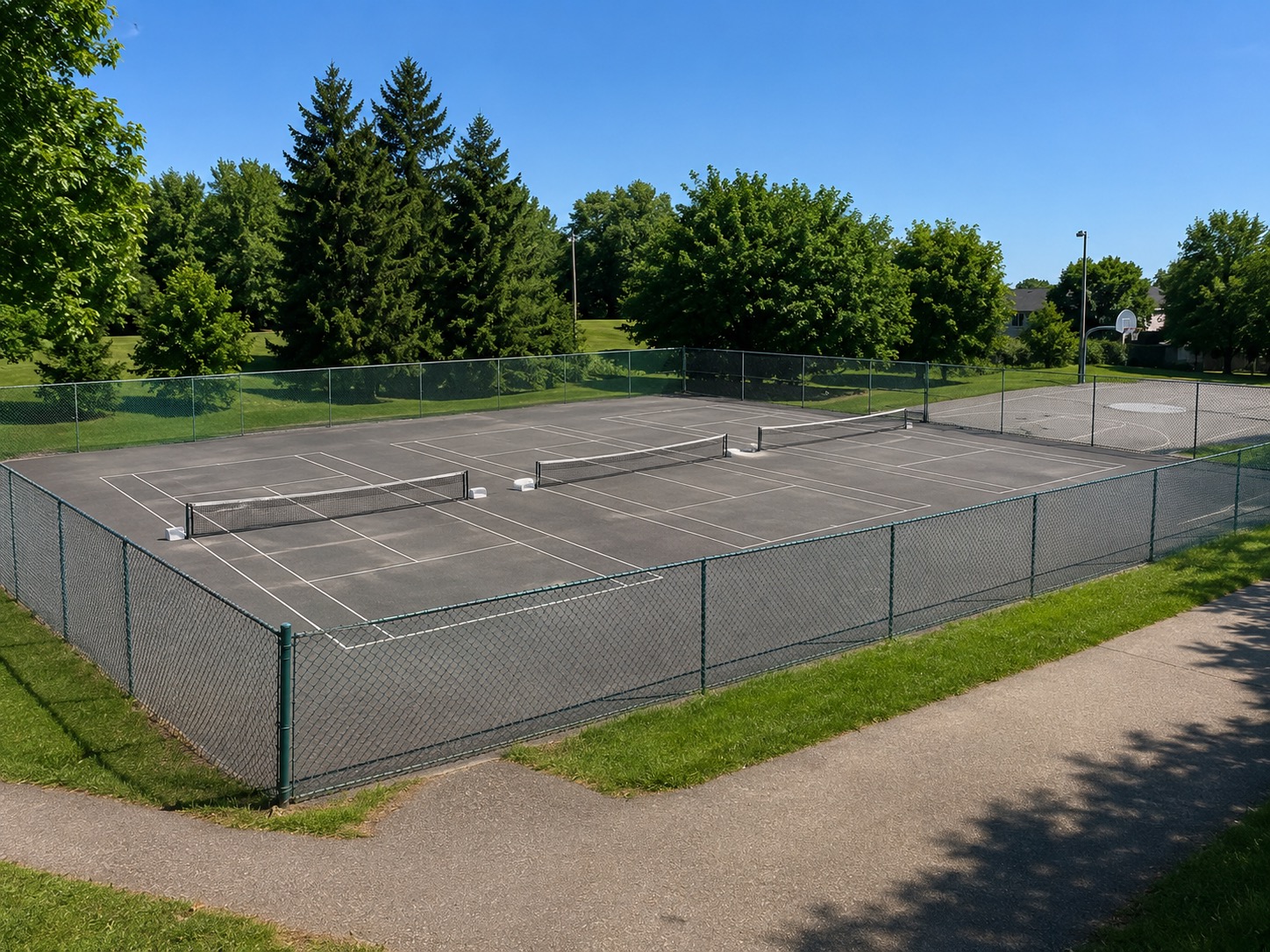 Outdoor pickleball courts at Lanyard Park — empty court overview, Toronto