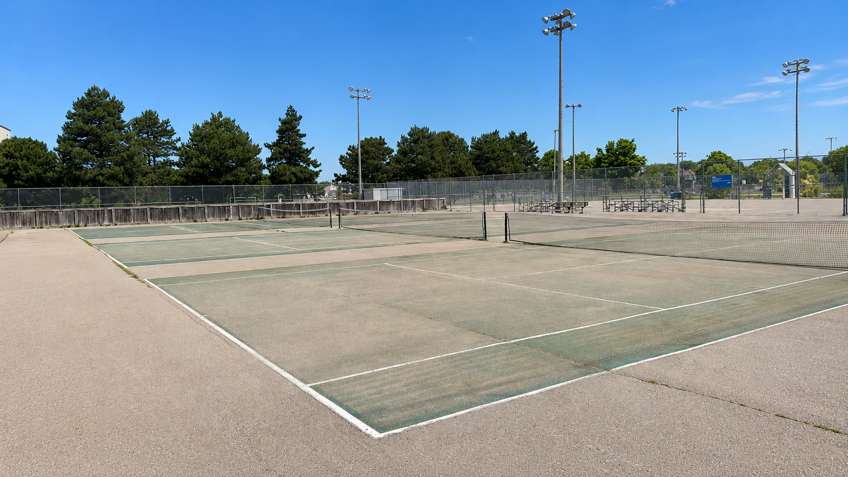 Outdoor pickleball courts at Malvern Park — empty court overview, Toronto