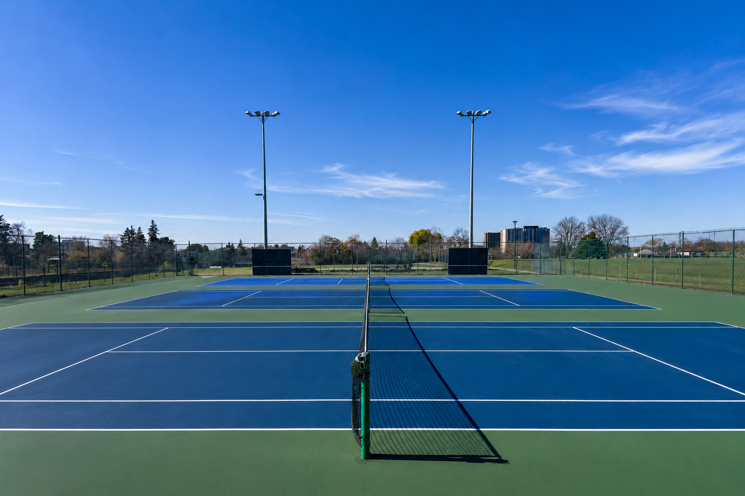 Outdoor pickleball courts at Maple Leaf Park — empty court overview, Toronto
